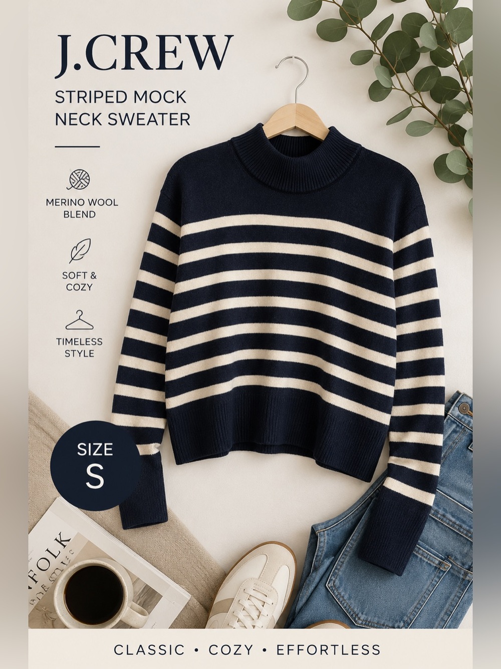 J. Crew Navy & Ivory Striped Mock Neck Sweater | Merino Wool Alpaca Blend